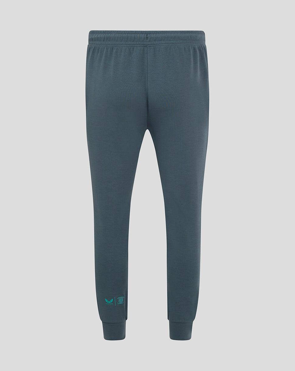 Back view of Preston NE Travel Pants in blue grey with elastic waistband ribbed cuffs and turquoise logos at the left leg