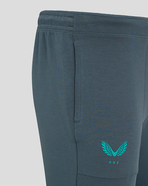 Detail of Preston NE Travel Pant featuring teal crest on right thigh and leg seams.