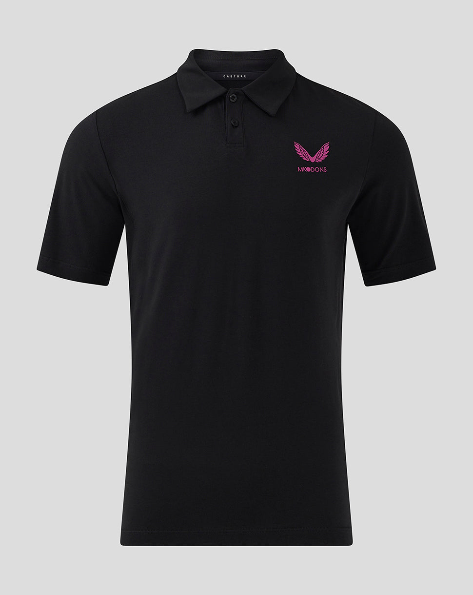 Black polo shirt with pink MK DONS crest on the left chest