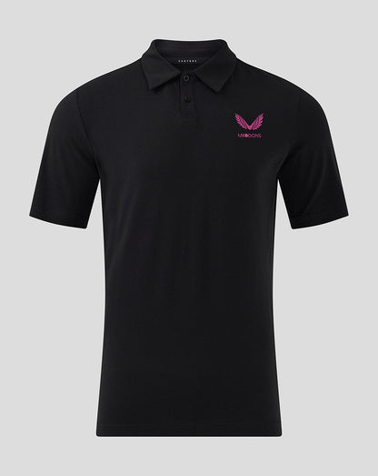 Black polo shirt with pink MK DONS crest on the left chest