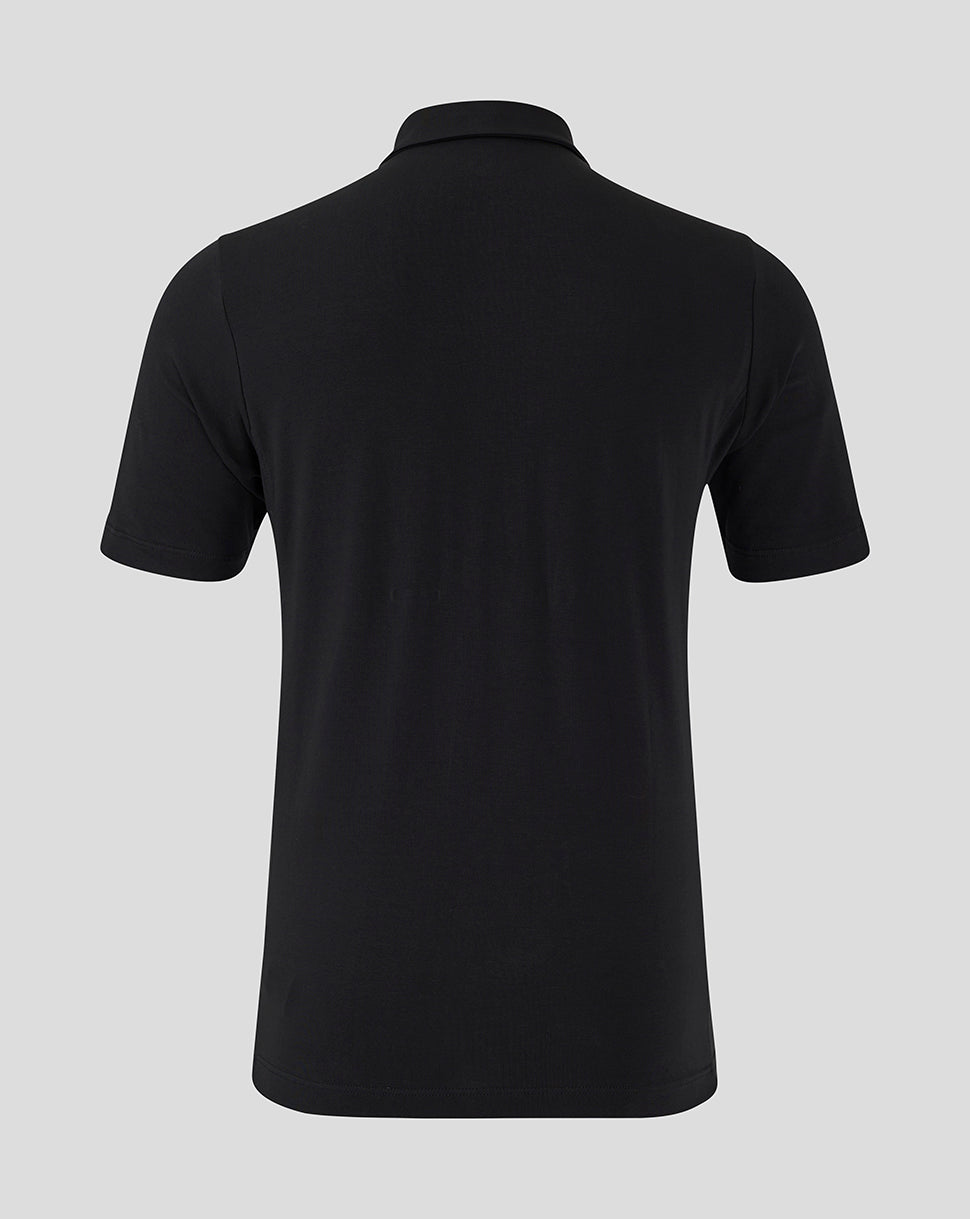 Back view of the black Mansfield Travel Polo showing clean back and short sleeves