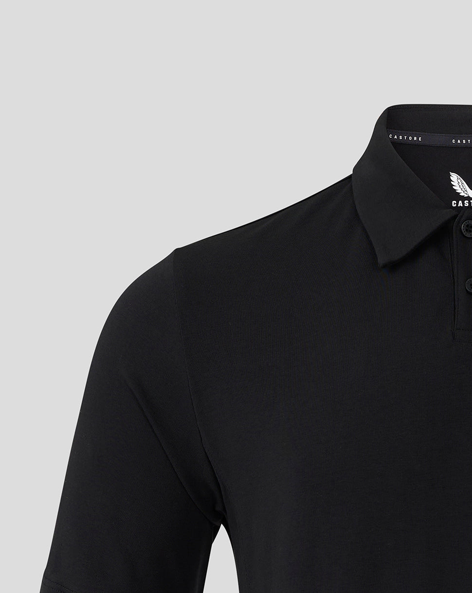 Front view of black Mansfield Travel Polo focusing on collar and shoulder details