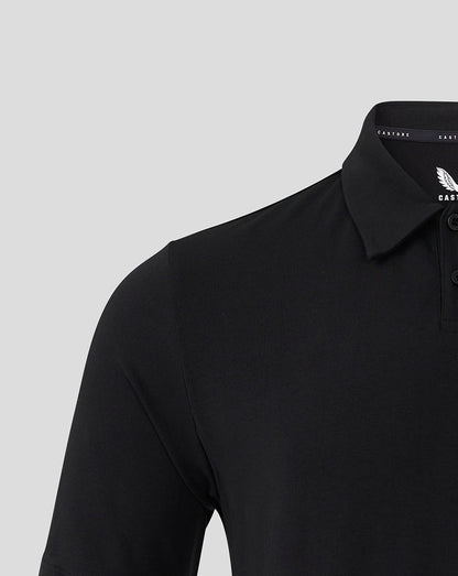 Front view of black Mansfield Travel Polo focusing on collar and shoulder details