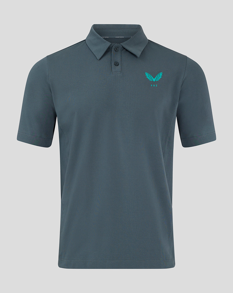 Front view of Preston NE Travel Polo in blue grey with two button placket and left chest logo