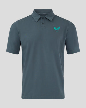 Front view of Preston NE Travel Polo in blue grey with two button placket and left chest logo