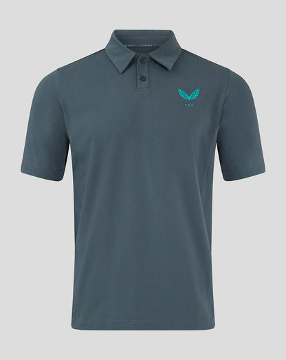 Front view of Preston NE Travel Polo in blue grey with two button placket and left chest logo