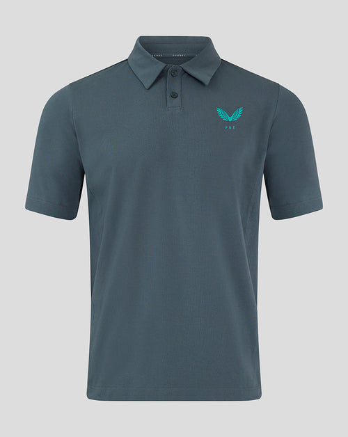 Front view of Preston NE Travel Polo in blue grey with two button placket and left chest logo