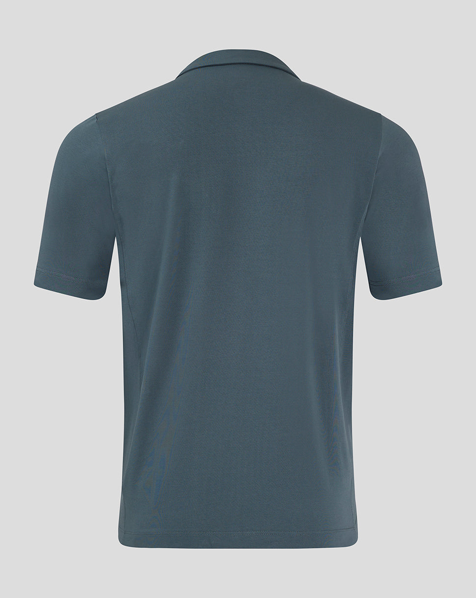 Back view of Preston NE Travel Polo in blue gray with foldover collar and clean seams