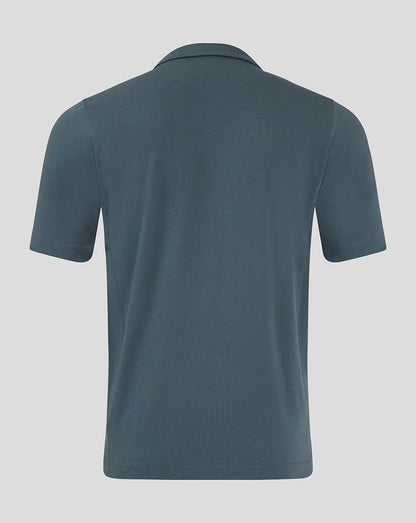 Back view of Preston NE Travel Polo in blue gray with foldover collar and clean seams
