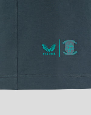 Close-up of Castore and Preston North End crest logos on the polo lower left hem
