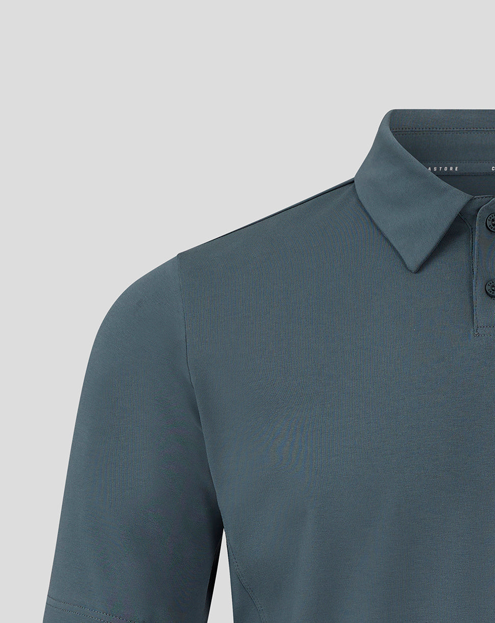 Close up of polo collar and shoulder on Preston NE Travel Polo in blue gray