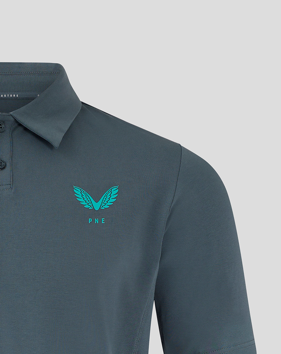 Teal PNE crest and wings logo on left chest of Preston NE Travel Polo