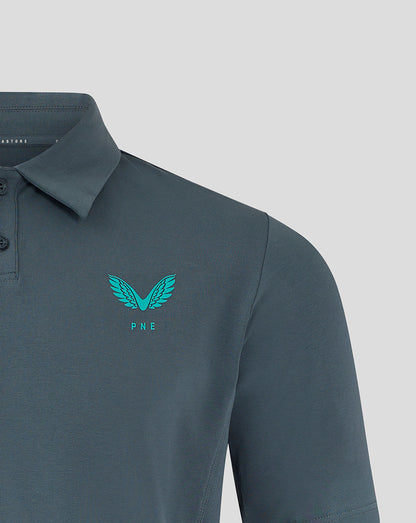 Teal PNE crest and wings logo on left chest of Preston NE Travel Polo