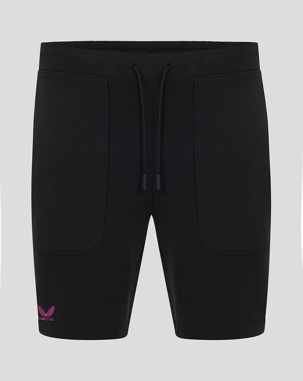 Front view of black Mk Dons men's 24/25 Travel Shorts with a drawstring waistband.