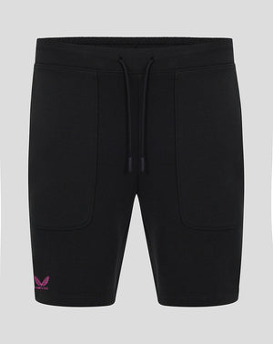 Front view of black Mk Dons men's 24/25 Travel Shorts with a drawstring waistband.