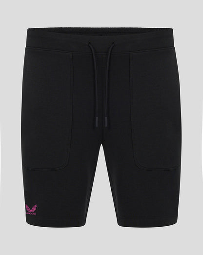 Front view of black Mk Dons men's 24/25 Travel Shorts with a drawstring waistband.