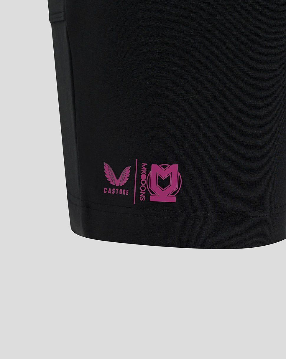 Black Mk Dons men's 24/25 travel shorts with pink logo at the hem