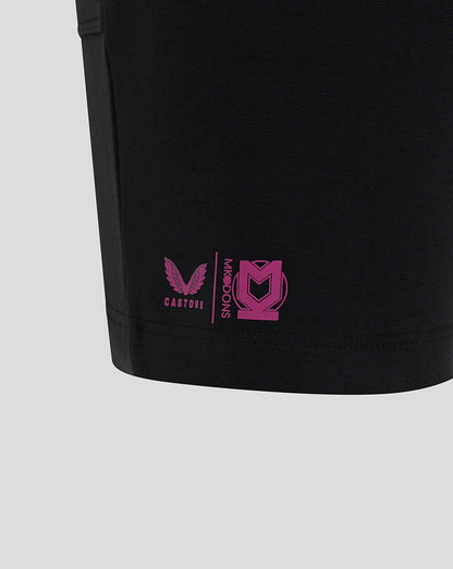 Black Mk Dons men's 24/25 travel shorts with pink logo at the hem