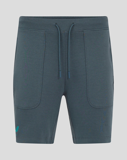 Front view of teal Preston NE Travel Shorts with drawcords and zip pockets, showing the Castore PNE logo on the right thigh.