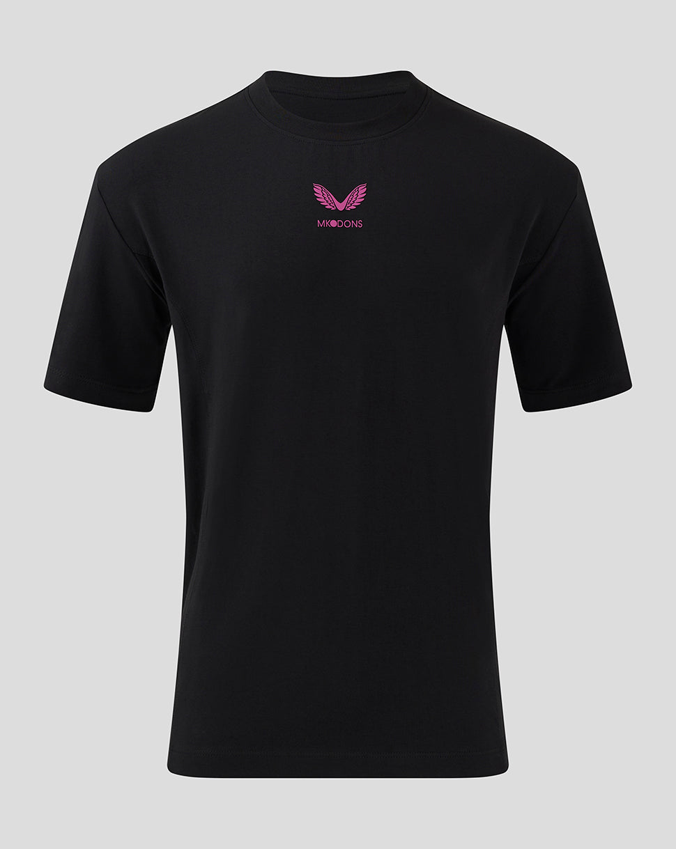 Black Mk Dons Travel T shirt front view with a small pink crest logo on the chest