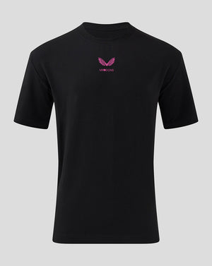 Black Mk Dons Travel T shirt front view with a small pink crest logo on the chest