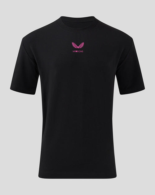 Black Mk Dons Travel T shirt front view with a small pink crest logo on the chest