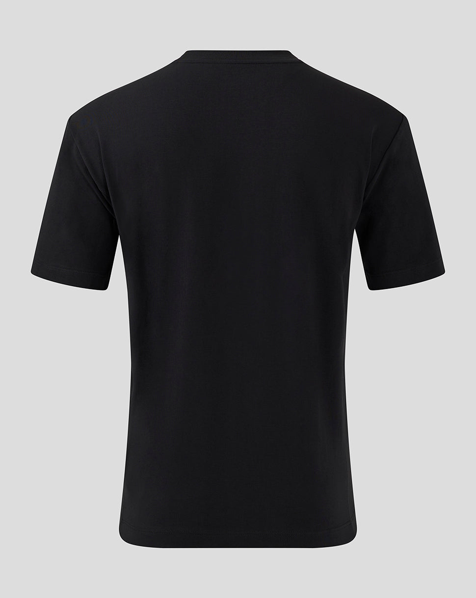 Back view of black Mk Dons Travel T shirt with plain fabric