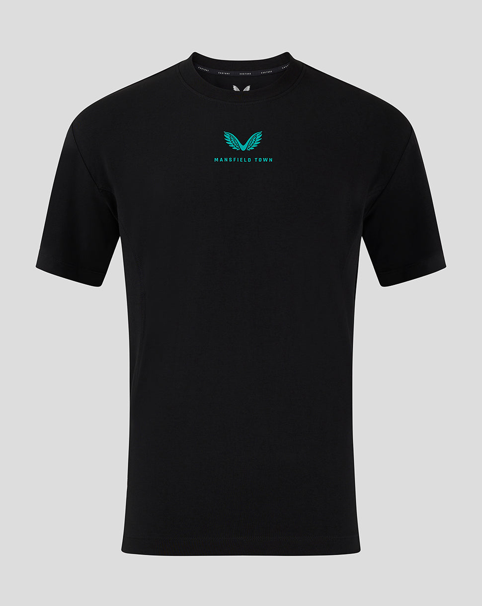 Front view of black Mansfield travel tee with turquoise logo on chest.