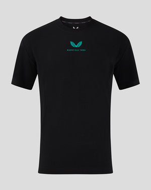 Front view of black Mansfield travel tee with turquoise logo on chest.