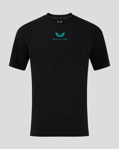 Front view of black Mansfield travel tee with turquoise logo on chest.