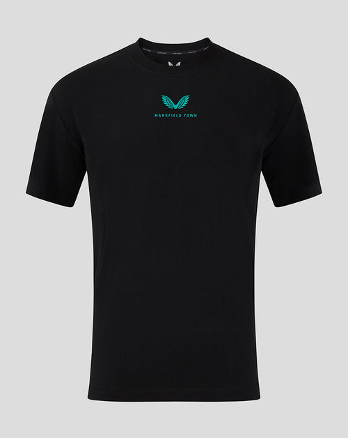 Front view of black Mansfield travel tee with turquoise logo on chest.