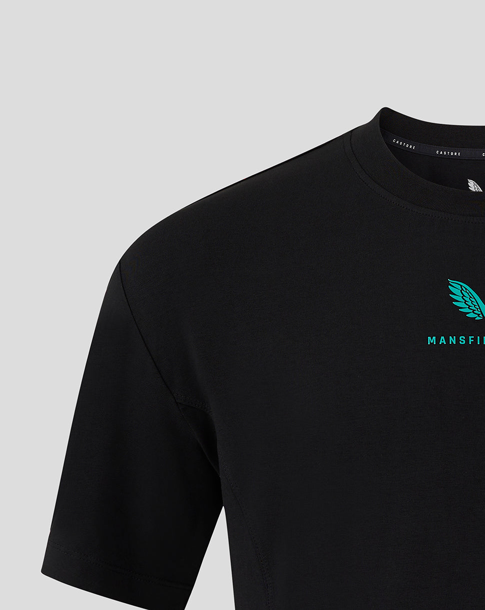 Black Mansfield Travel Tee chest area with turquoise wing emblem and Mansfield branding