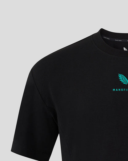 Black Mansfield Travel Tee chest area with turquoise wing emblem and Mansfield branding