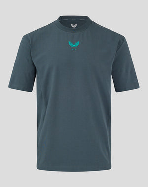 Front view of blue Preston NE Travel Short Sleeve T Shirt with a centered chest logo