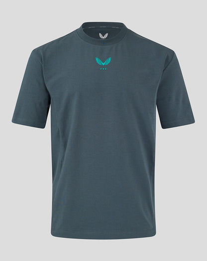 Front view of blue Preston NE Travel Short Sleeve T Shirt with a centered chest logo