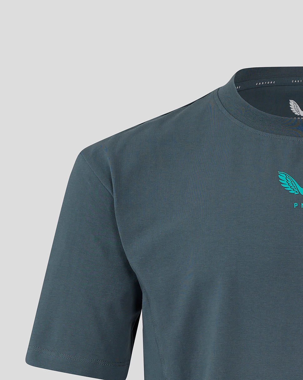 Chest close up of Preston NE Travel T Shirt with teal PNE crest and Castore branding on dark teal fabric