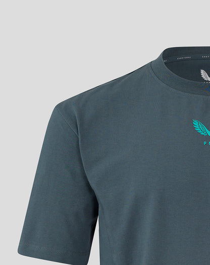 Chest close up of Preston NE Travel T Shirt with teal PNE crest and Castore branding on dark teal fabric