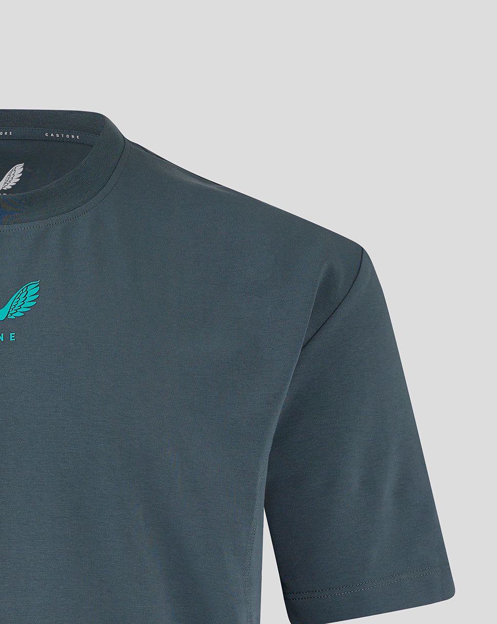 Upper chest close up showing teal wing logo with Preston North End branding on the Travel T Shirt