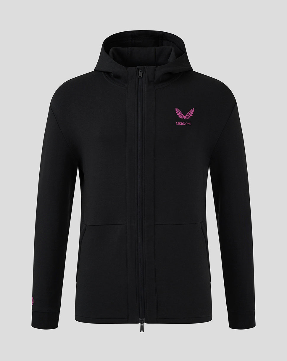 Front view of black Mk Dons Men's 24/25 hooded travel jacket with zip and pink logo on chest