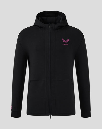 Front view of black Mk Dons Men's 24/25 hooded travel jacket with zip and pink logo on chest