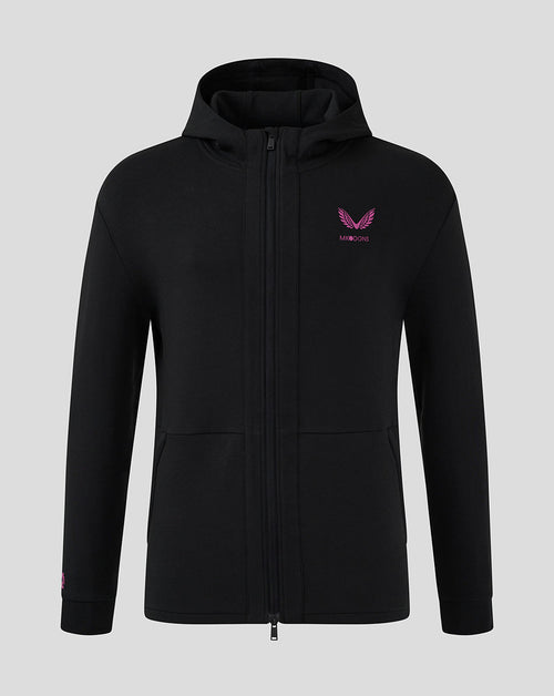Front view of black Mk Dons Men's 24/25 hooded travel jacket with zip and pink logo on chest