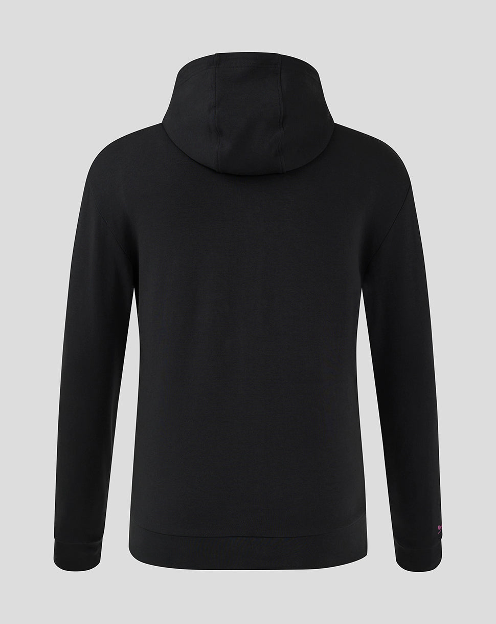 Back view of black Mk Dons Men's 24/25 hooded travel jacket with hood
