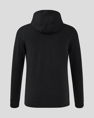 Back view of black Mk Dons Men's 24/25 hooded travel jacket with hood
