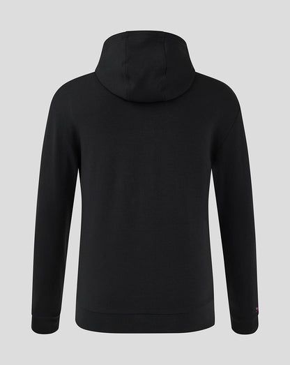 Back view of black Mk Dons Men's 24/25 hooded travel jacket with hood