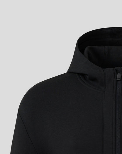 Close-up of black hood and front zipper on Mk Dons travel jacket