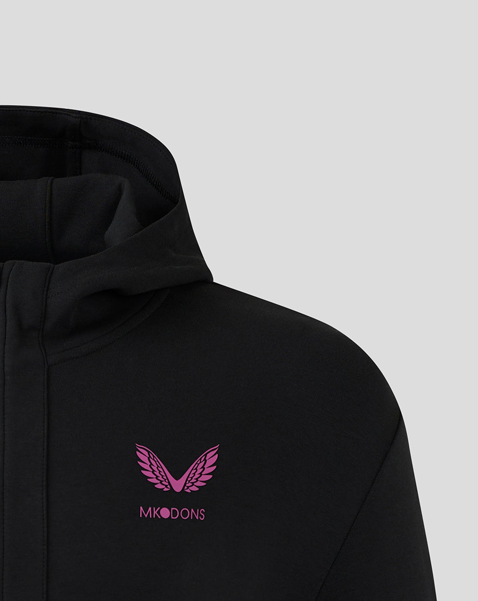 Pink MK Dons wings logo with text on left chest of black hooded travel jacket