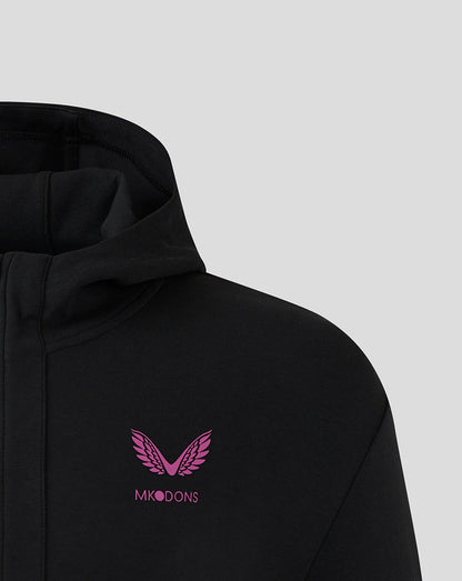 Pink MK Dons wings logo with text on left chest of black hooded travel jacket