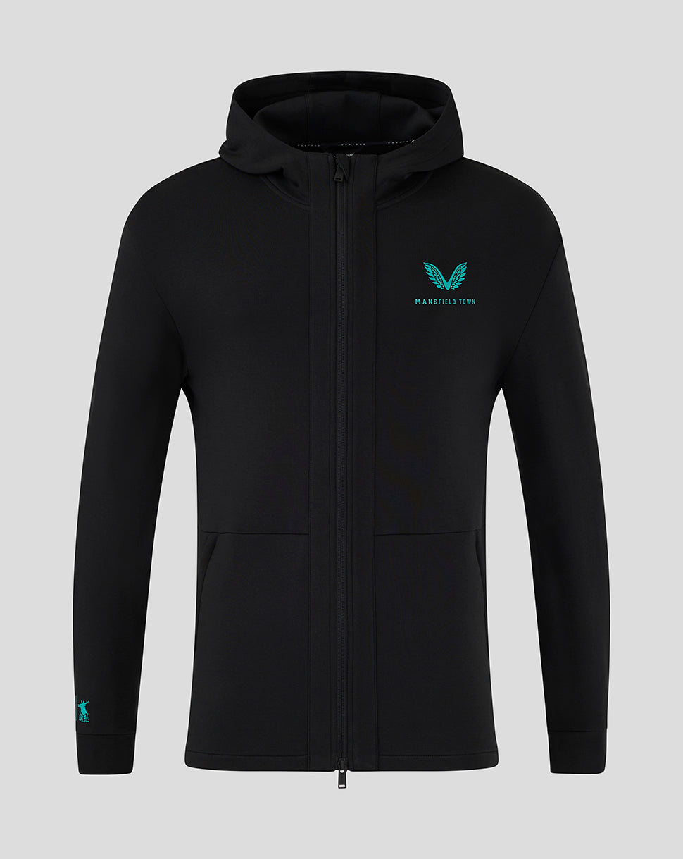 Mansfield Town hooded travel jacket in black with teal crest on the chest and zip front.