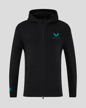 Mansfield Town hooded travel jacket in black with teal crest on the chest and zip front.