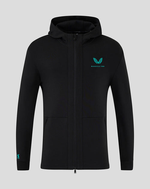 Mansfield Town hooded travel jacket in black with teal crest on the chest and zip front.
